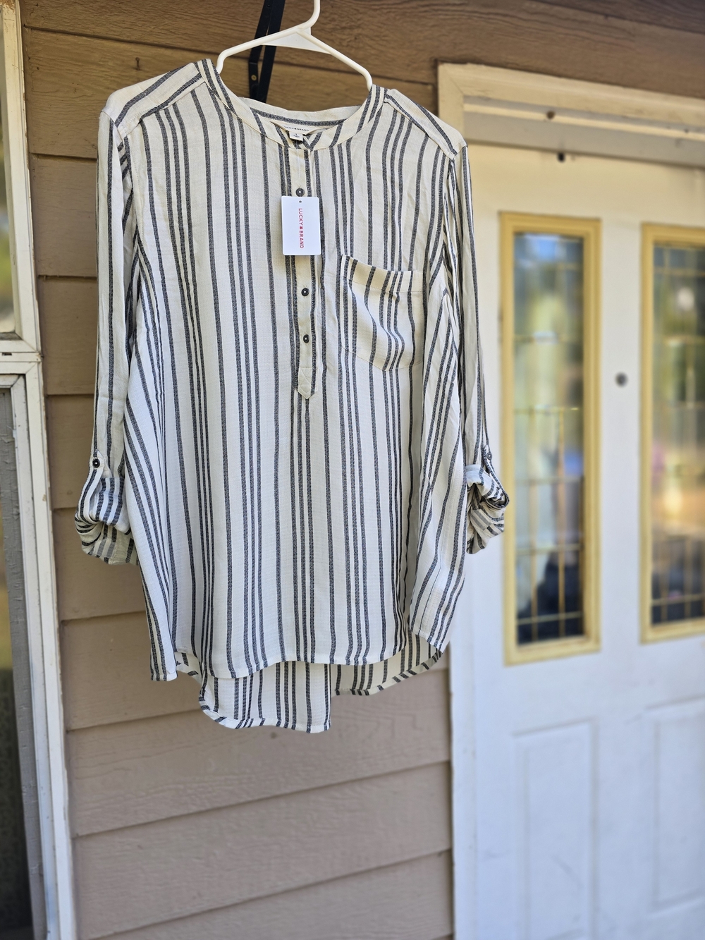 NWT Lucky Brand White Tunic with Black Vertical Stripes - Size Large